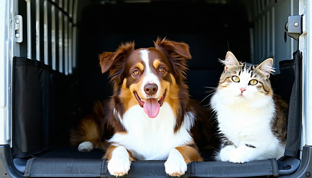 Happy dog and cat in travel kennels ready for international pet transport Happy dog and cat in travel kennels ready for international pet transport